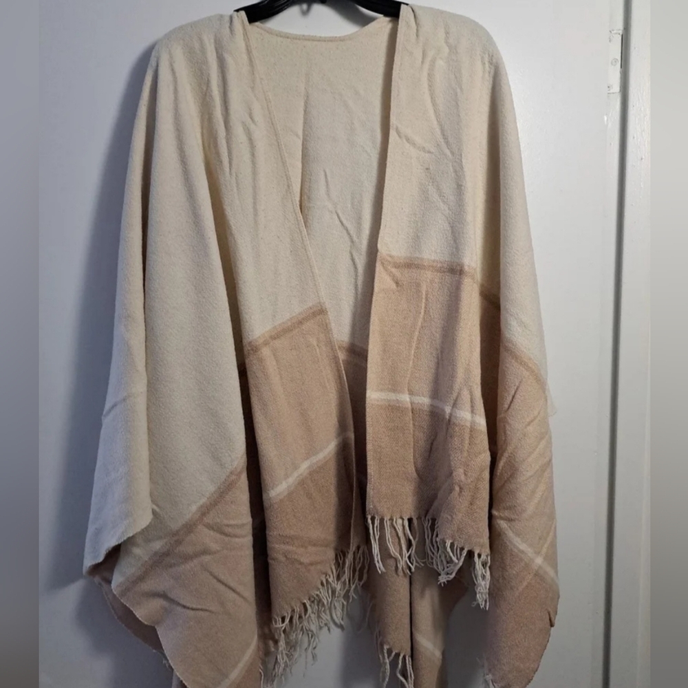 Beige Tan Stripes Poncho Shawl Vintage One Size